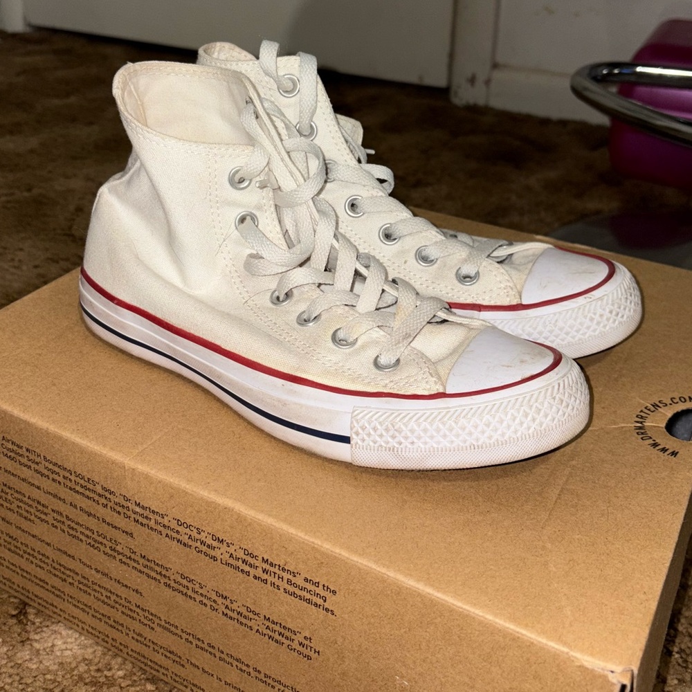 Converse White High-Tops with Red Trim